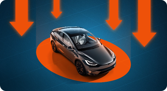 Black Tesla car in a red circle, with four red arrows pointing down to show market pressure and stock decline. 